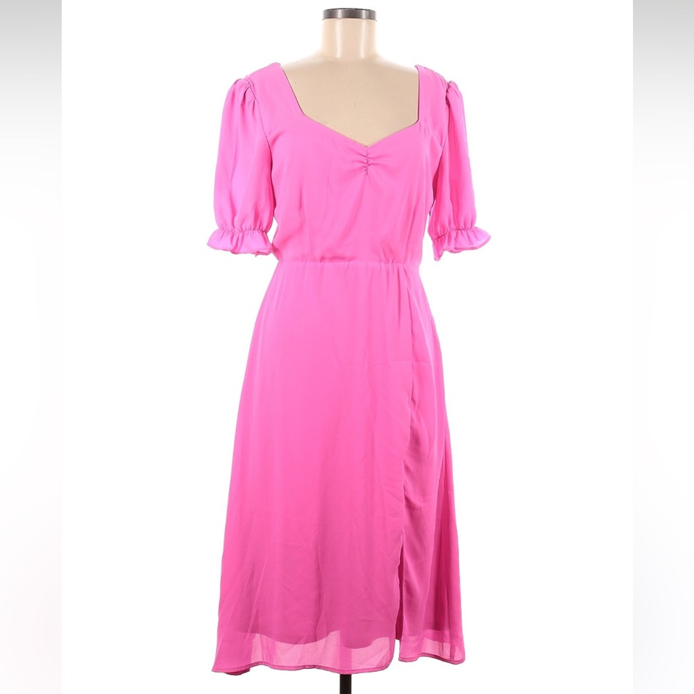 Pink Puff Sleeve Sweetheart Midi Dress